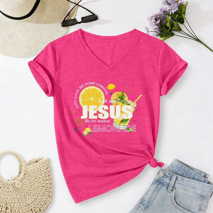 Christianartworkshop Life Gave Me Some Lemons But My Jesus He Be Makin' Lemonade Lemon Graphic Print Casual V-neck T-shirt - Rose - 2XL - image 22