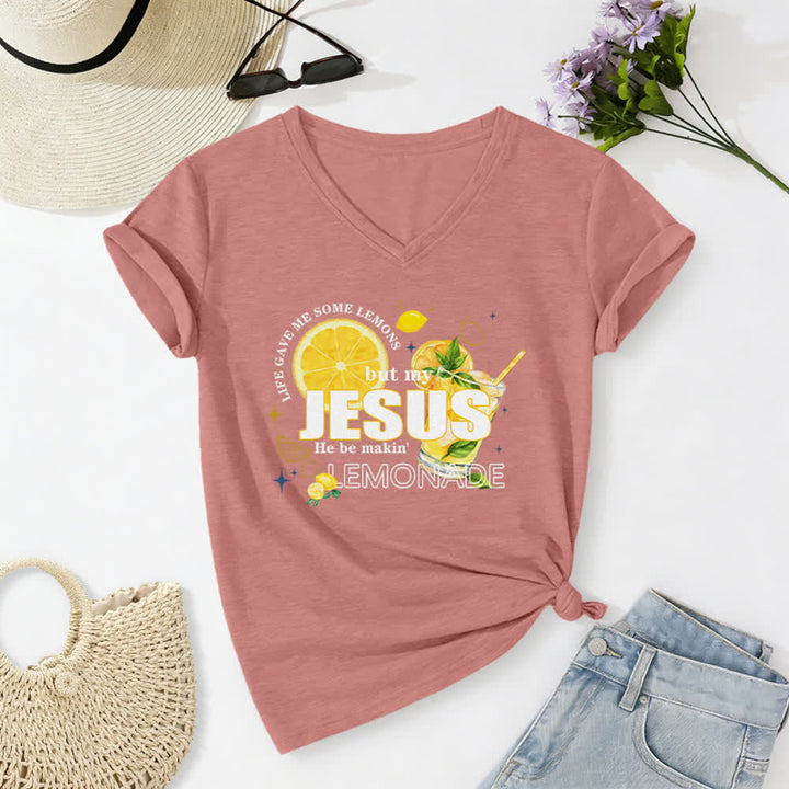 Christianartworkshop Life Gave Me Some Lemons But My Jesus He Be Makin' Lemonade Lemon Graphic Print Casual V-neck T-shirt - Light Pink - 2XL - image 0