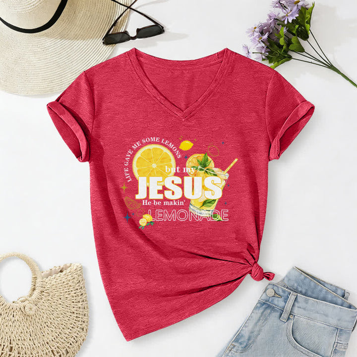 Christianartworkshop Life Gave Me Some Lemons But My Jesus He Be Makin' Lemonade Lemon Graphic Print Casual V-neck T-shirt - Red - 2XL - image 16