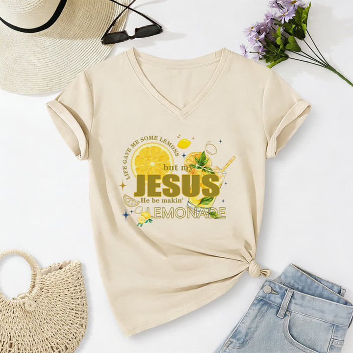 Christianartworkshop Life Gave Me Some Lemons But My Jesus He Be Makin' Lemonade Lemon Graphic Print Casual V-neck T-shirt - Beige - 2XL - image 2
