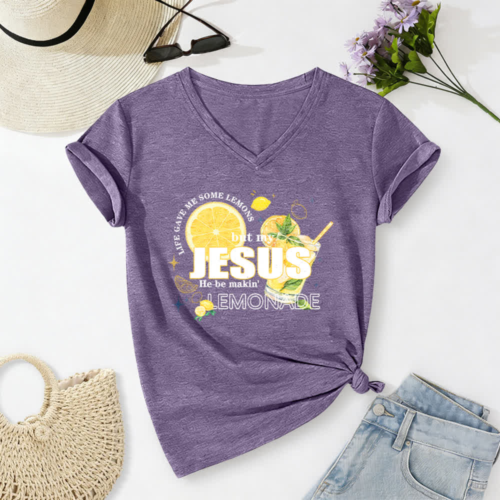 Christianartworkshop Life Gave Me Some Lemons But My Jesus He Be Makin' Lemonade Lemon Graphic Print Casual V-neck T-shirt - Purple - 2XL - image 18