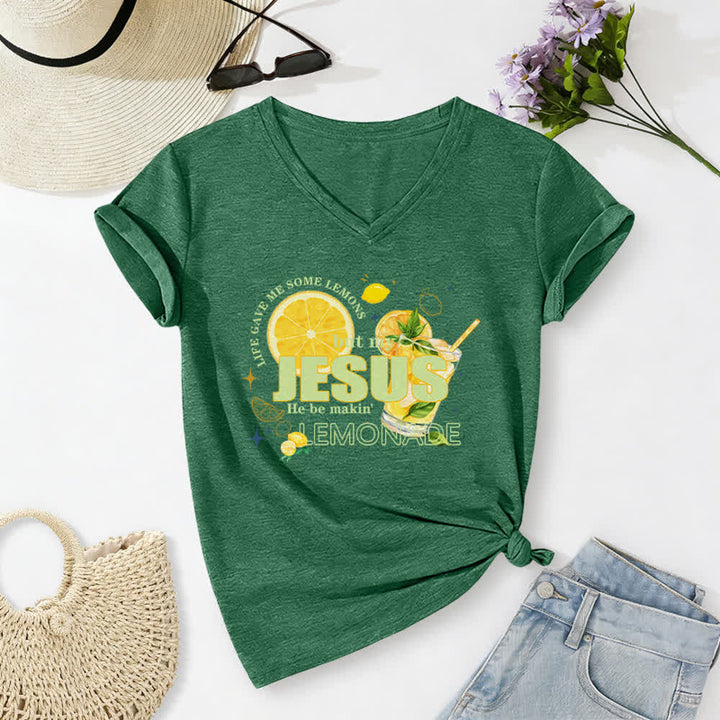 Christianartworkshop Life Gave Me Some Lemons But My Jesus He Be Makin' Lemonade Lemon Graphic Print Casual V-neck T-shirt - Dark Green - 2XL - image 12