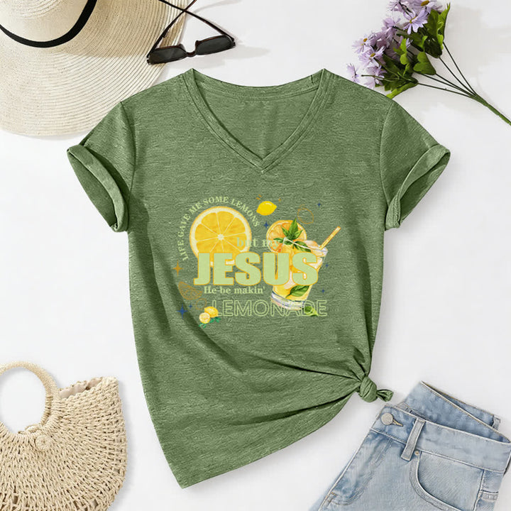 Christianartworkshop Life Gave Me Some Lemons But My Jesus He Be Makin' Lemonade Lemon Graphic Print Casual V-neck T-shirt - Olive Green - 2XL - image 8
