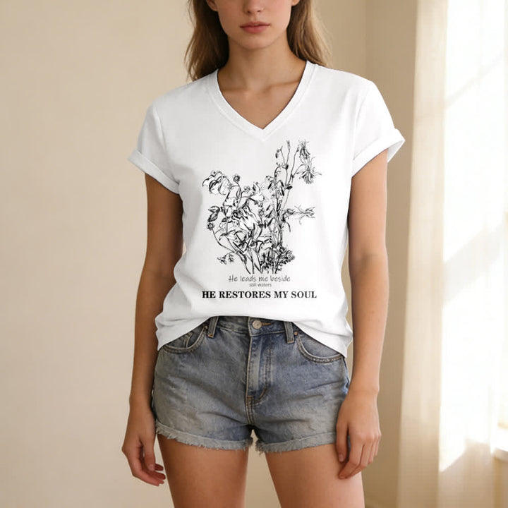 Christianartworkshop He Restores My Soul Floral Beige V Neck Tee - image 3