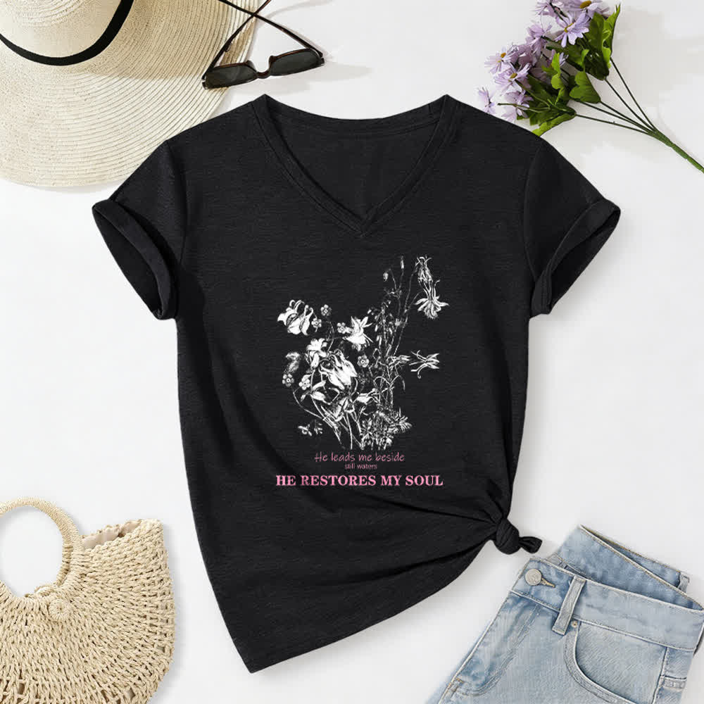 Christianartworkshop He Restores My Soul Floral Beige V Neck Tee - Black - 2XL - image 12