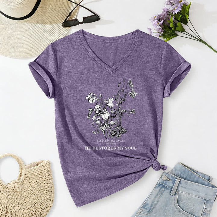Christianartworkshop He Restores My Soul Floral Beige V Neck Tee - Purple - 2XL - image 16