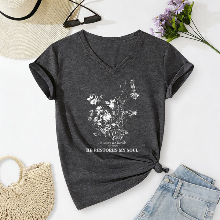 Christianartworkshop He Restores My Soul Floral Beige V Neck Tee - Gray - 2XL - image 4