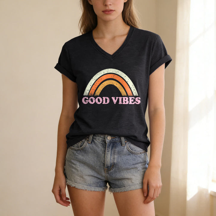 Christianartworkshop Good Vibes Retro Rainbow Heather Womens V Neck Tee - image 15