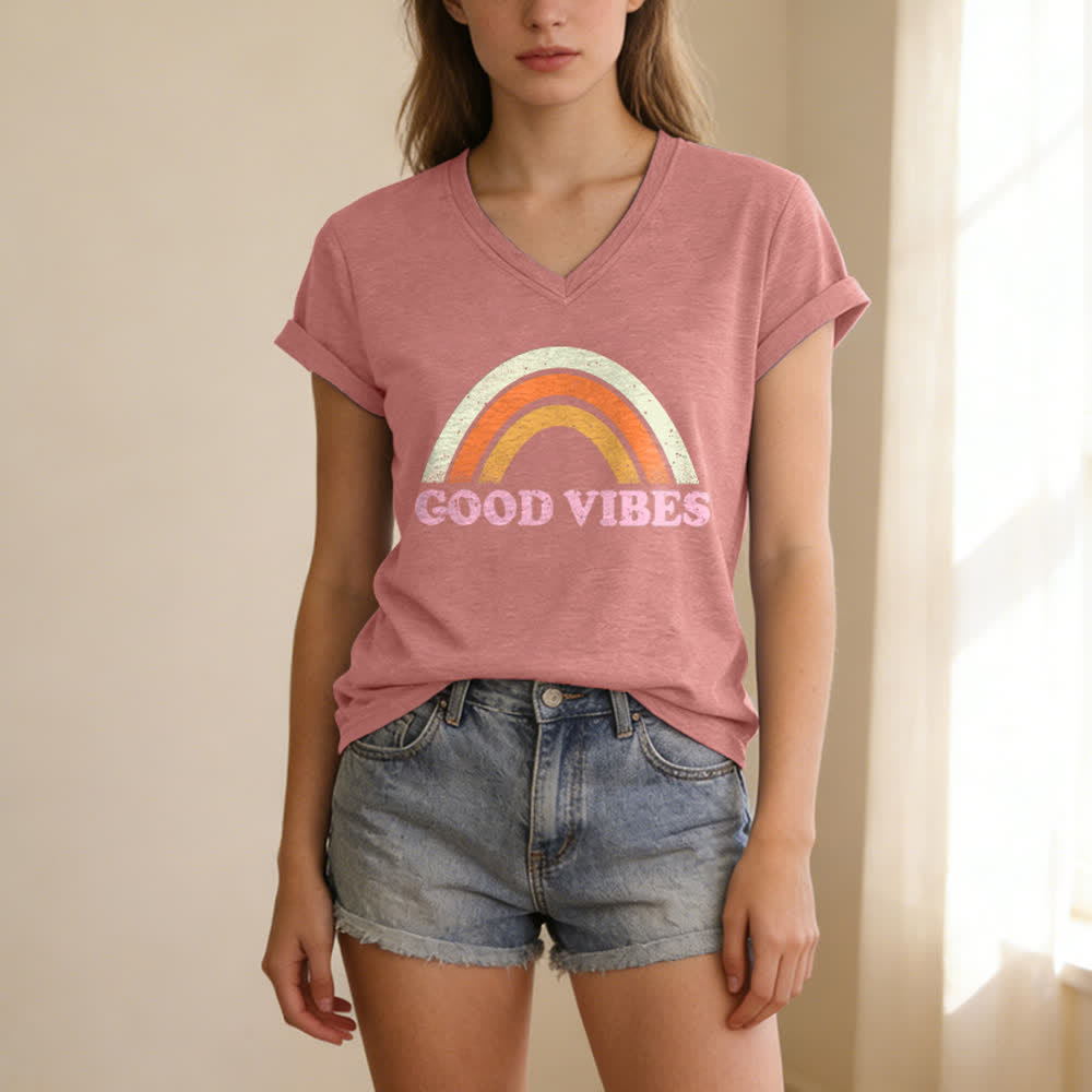 Christianartworkshop Good Vibes Retro Rainbow Heather Womens V Neck Tee - image 21