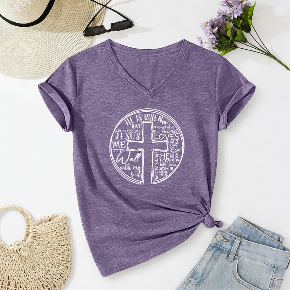 Christianartworkshop Faith Cross Circle Graphic Soft Cotton Womens V Neck Tee - Purple - 2XL - image 18