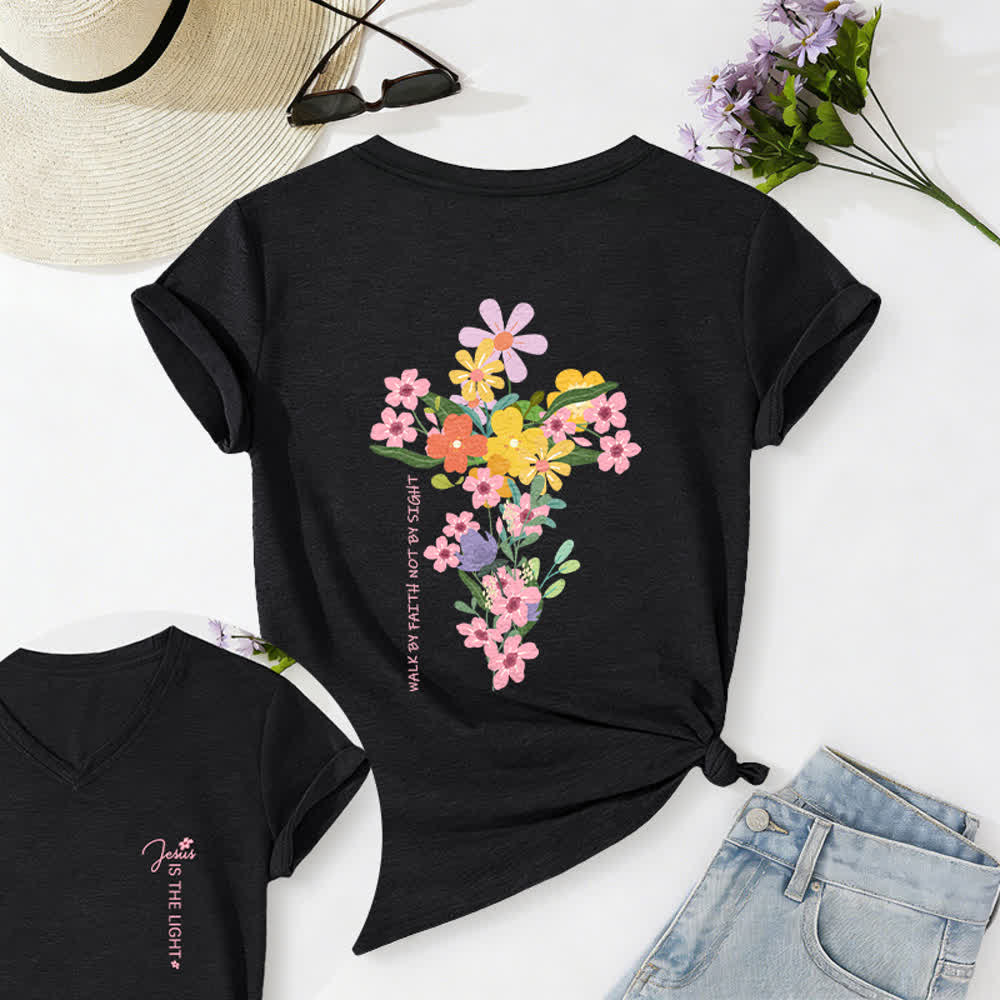 Christianartworkshop Dual-Side Jesus Is The Light Walk By Faith Not By Sight Floral Print Casual V-neck T-shirt - Black - 2XL - image 24