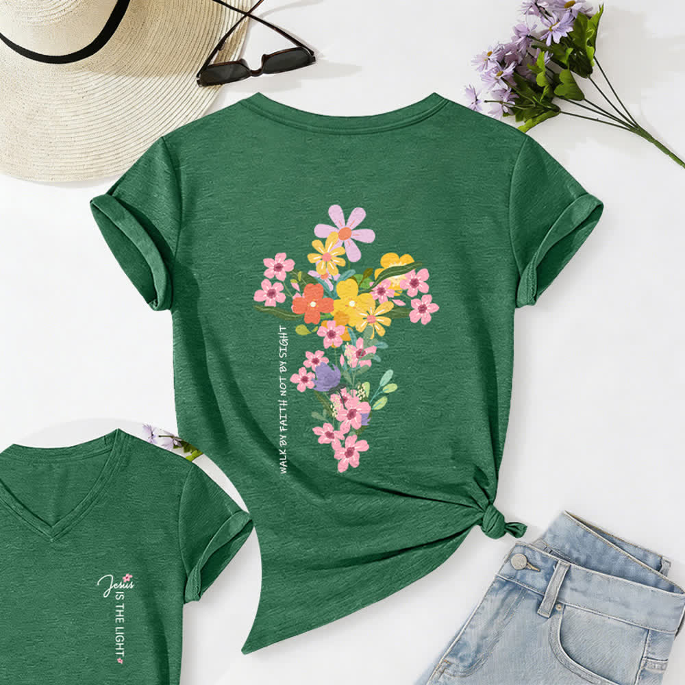 Christianartworkshop Dual-Side Jesus Is The Light Walk By Faith Not By Sight Floral Print Casual V-neck T-shirt - Olive Green - 2XL - image 20
