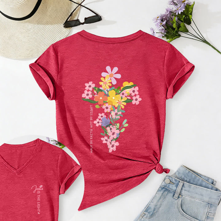 Christianartworkshop Dual-Side Jesus Is The Light Walk By Faith Not By Sight Floral Print Casual V-neck T-shirt - Red - 2XL - image 28