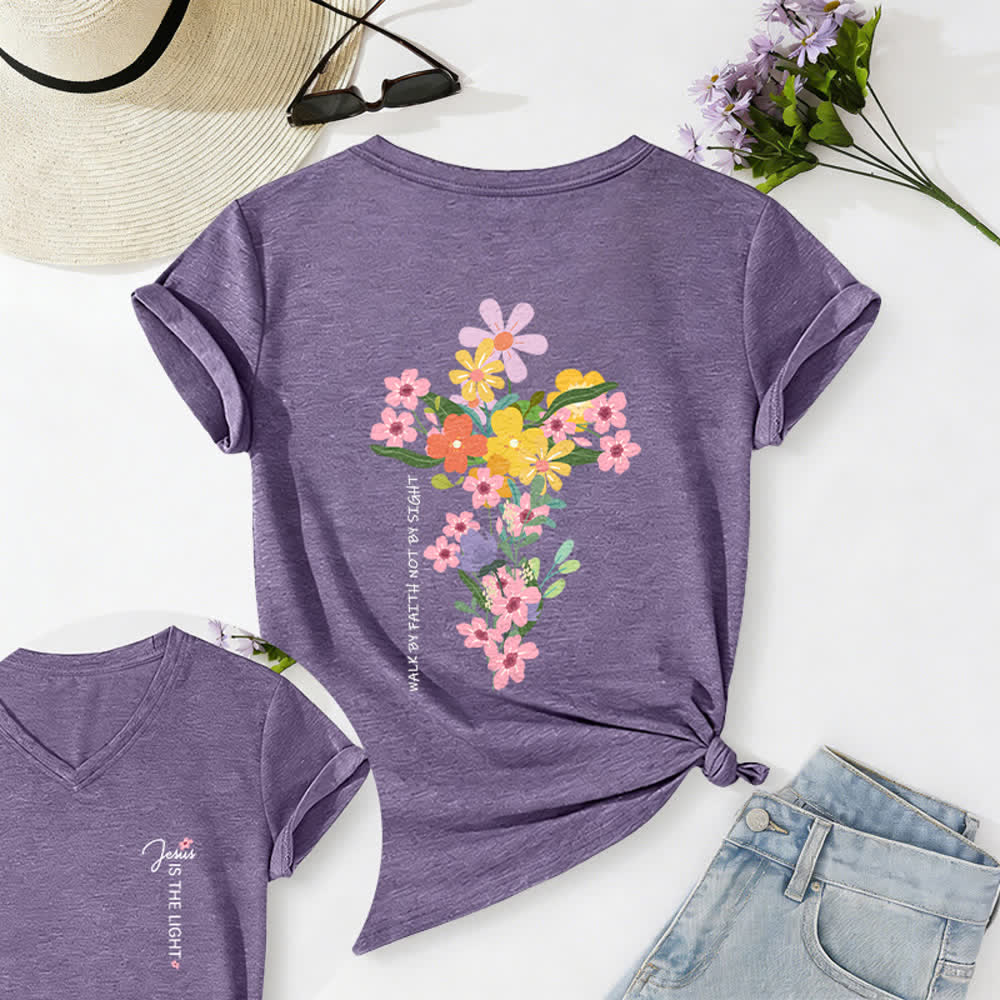Christianartworkshop Dual-Side Jesus Is The Light Walk By Faith Not By Sight Floral Print Casual V-neck T-shirt - Purple - 2XL - image 32