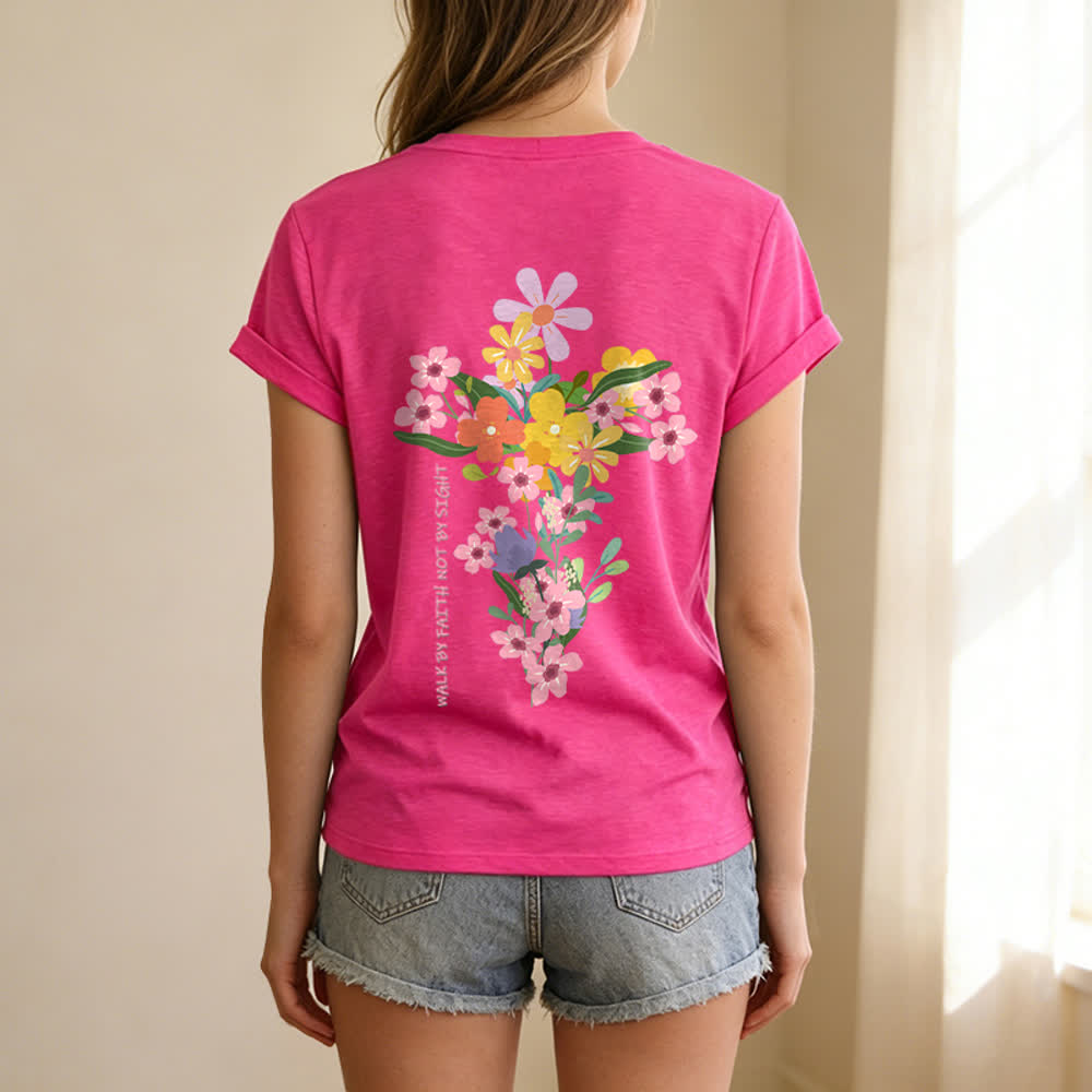 Christianartworkshop Dual-Side Jesus Is The Light Walk By Faith Not By Sight Floral Print Casual V-neck T-shirt - image 46