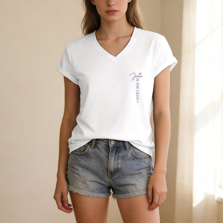 Christianartworkshop Dual-Side Jesus Is The Light Walk By Faith Not By Sight Floral Print Casual V-neck T-shirt - image 7
