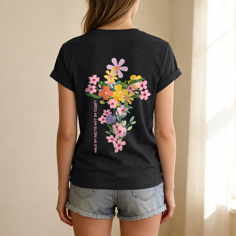 Christianartworkshop Dual-Side Jesus Is The Light Walk By Faith Not By Sight Floral Print Casual V-neck T-shirt - image 26