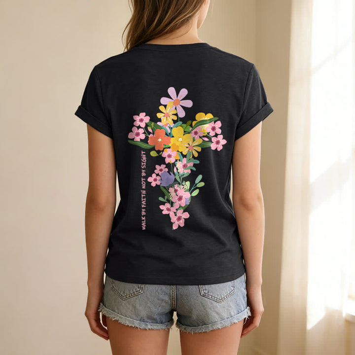 Christianartworkshop Dual-Side Jesus Is The Light Walk By Faith Not By Sight Floral Print Casual V-neck T-shirt - image 26