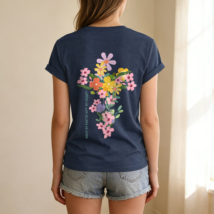 Christianartworkshop Dual-Side Jesus Is The Light Walk By Faith Not By Sight Floral Print Casual V-neck T-shirt - image 18