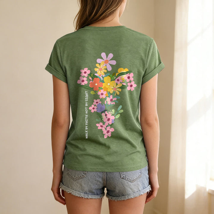 Christianartworkshop Dual-Side Jesus Is The Light Walk By Faith Not By Sight Floral Print Casual V-neck T-shirt - image 14