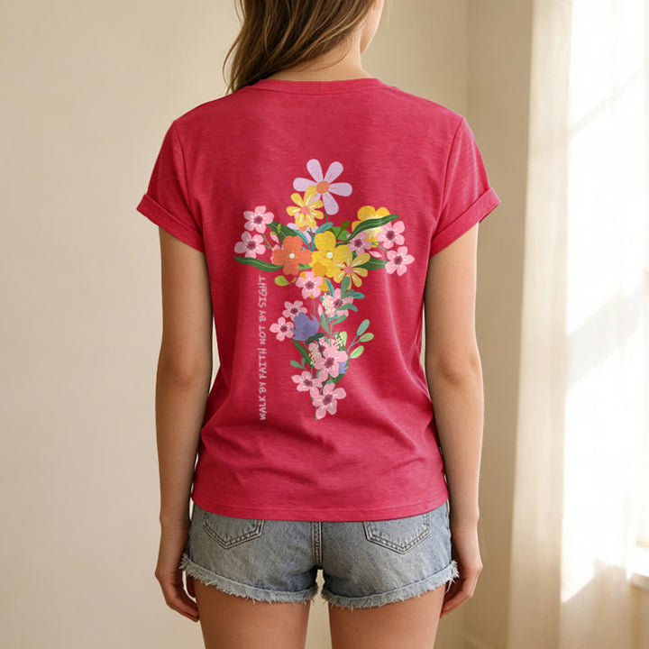 Christianartworkshop Dual-Side Jesus Is The Light Walk By Faith Not By Sight Floral Print Casual V-neck T-shirt - image 30