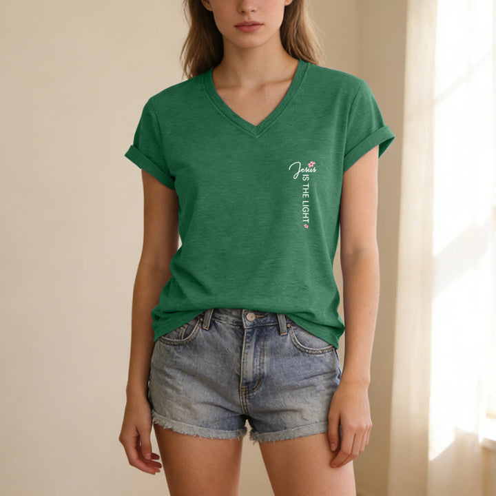 Christianartworkshop Dual-Side Jesus Is The Light Walk By Faith Not By Sight Floral Print Casual V-neck T-shirt - image 23