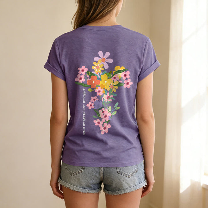 Christianartworkshop Dual-Side Jesus Is The Light Walk By Faith Not By Sight Floral Print Casual V-neck T-shirt - image 34
