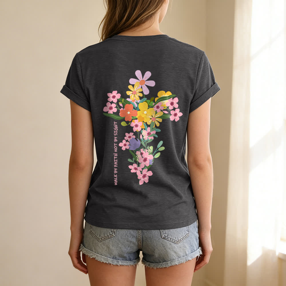 Christianartworkshop Dual-Side Jesus Is The Light Walk By Faith Not By Sight Floral Print Casual V-neck T-shirt - image 10