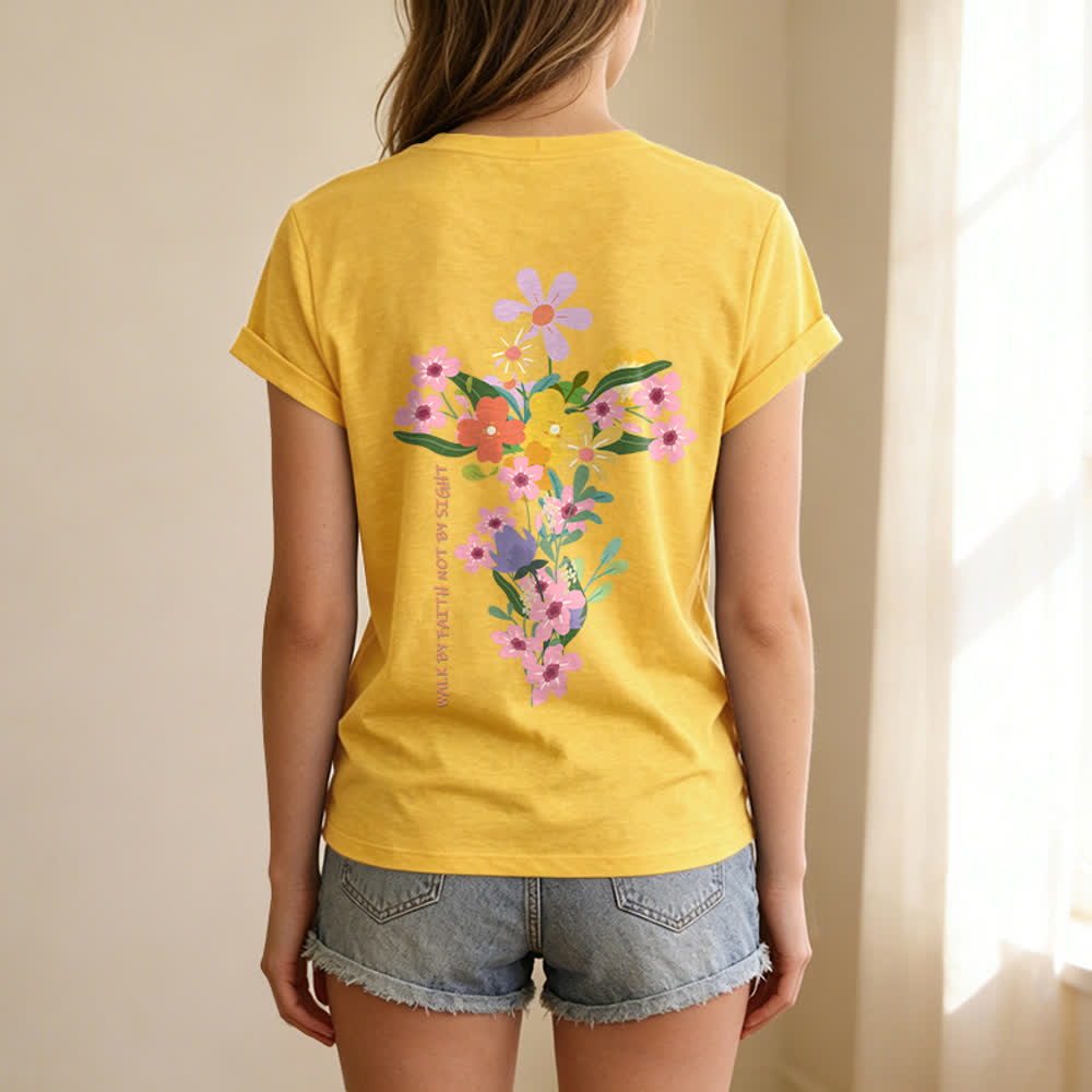 Christianartworkshop Dual-Side Jesus Is The Light Walk By Faith Not By Sight Floral Print Casual V-neck T-shirt - image 50