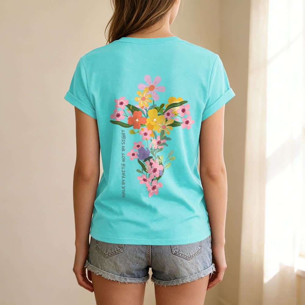 Christianartworkshop Dual-Side Jesus Is The Light Walk By Faith Not By Sight Floral Print Casual V-neck T-shirt - image 42