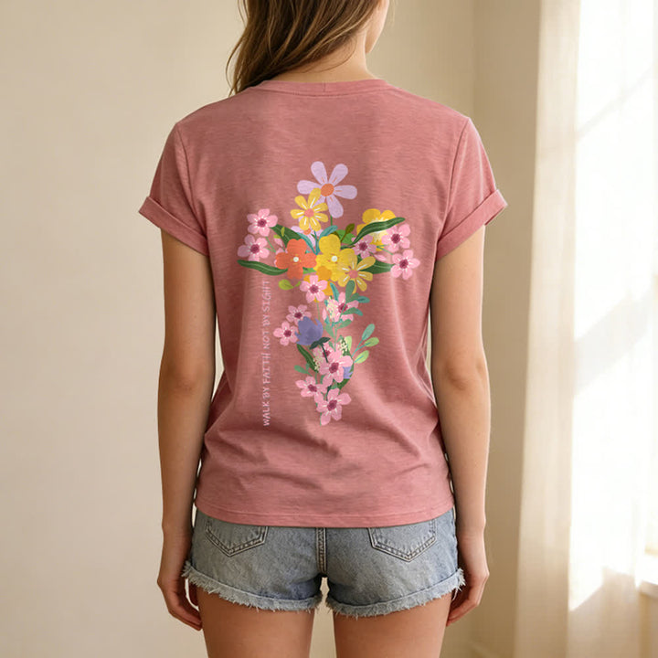 Christianartworkshop Dual-Side Jesus Is The Light Walk By Faith Not By Sight Floral Print Casual V-neck T-shirt - image 38