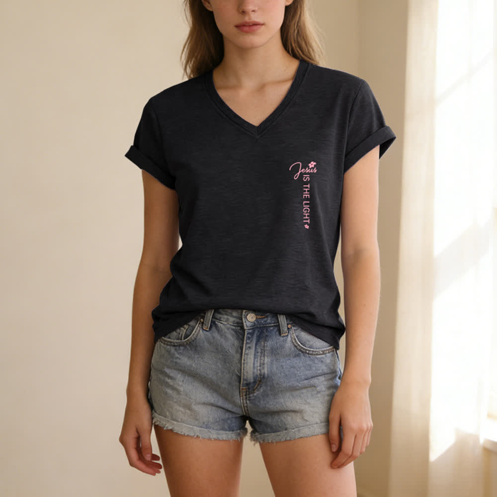 Christianartworkshop Dual-Side Jesus Is The Light Walk By Faith Not By Sight Floral Print Casual V-neck T-shirt - image 27
