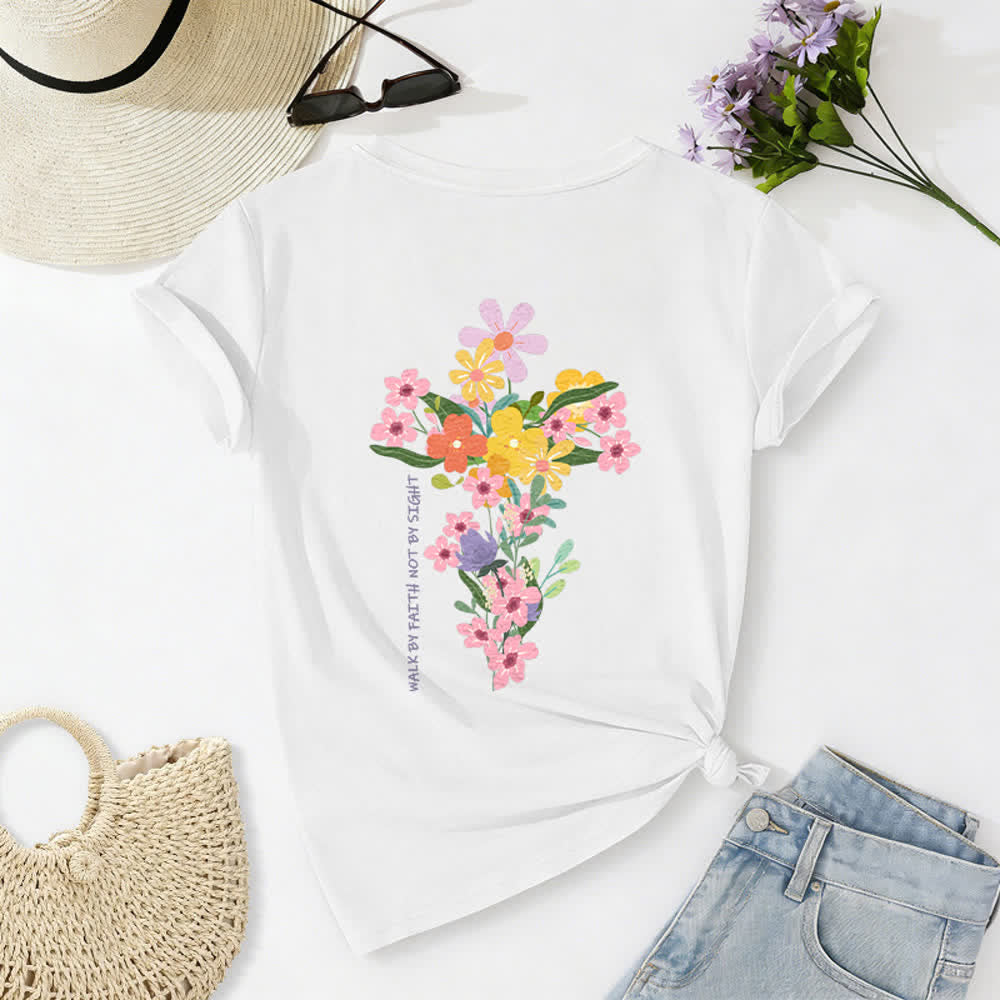 Christianartworkshop Dual-Side Jesus Is The Light Walk By Faith Not By Sight Floral Print Casual V-neck T-shirt - White - 2XL - image 4