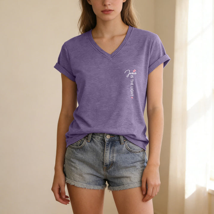 Christianartworkshop Dual-Side Jesus Is The Light Walk By Faith Not By Sight Floral Print Casual V-neck T-shirt - image 35