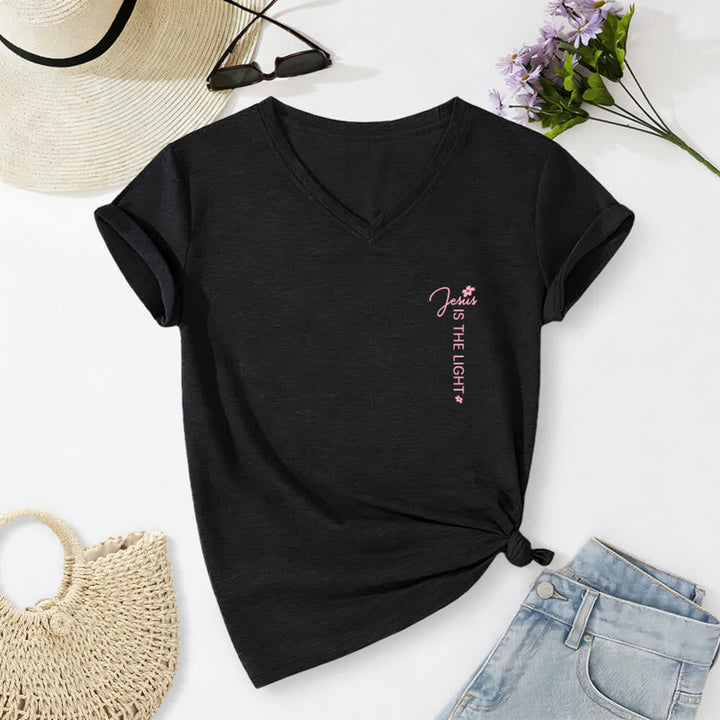 Christianartworkshop Dual-Side Jesus Is The Light Walk By Faith Not By Sight Floral Print Casual V-neck T-shirt - image 25
