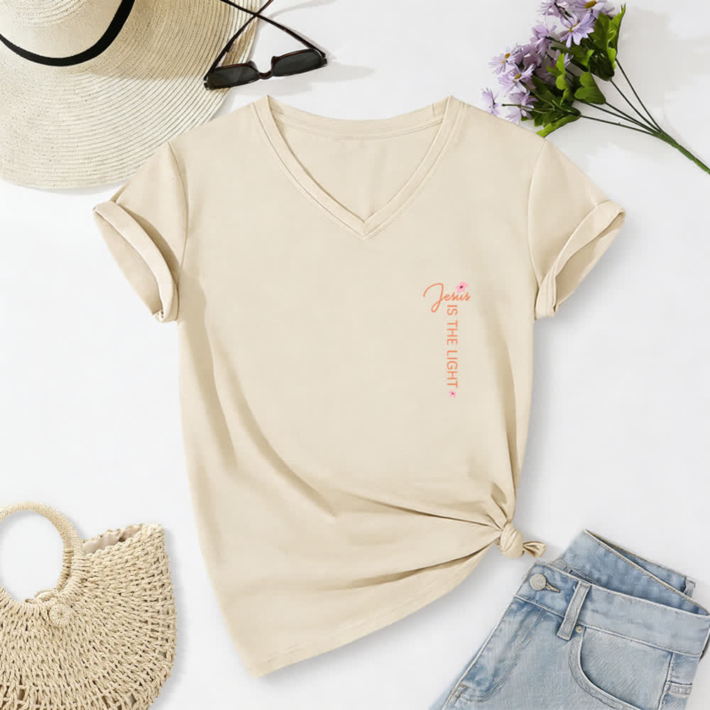 Christianartworkshop Dual-Side Jesus Is The Light Walk By Faith Not By Sight Floral Print Casual V-neck T-shirt - image 1