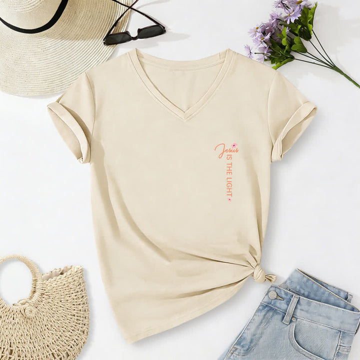Christianartworkshop Dual-Side Jesus Is The Light Walk By Faith Not By Sight Floral Print Casual V-neck T-shirt - image 1