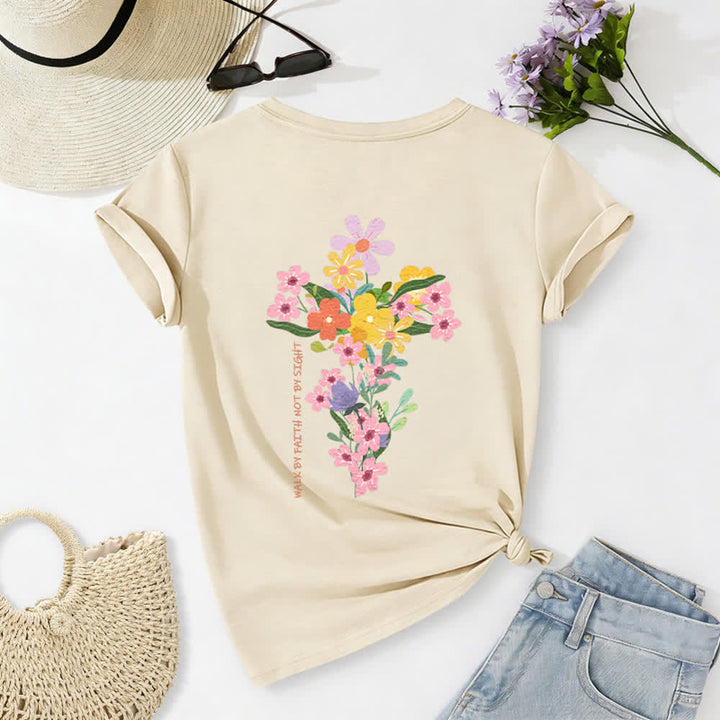 Christianartworkshop Dual-Side Jesus Is The Light Walk By Faith Not By Sight Floral Print Casual V-neck T-shirt - Beige - 2XL - image 0