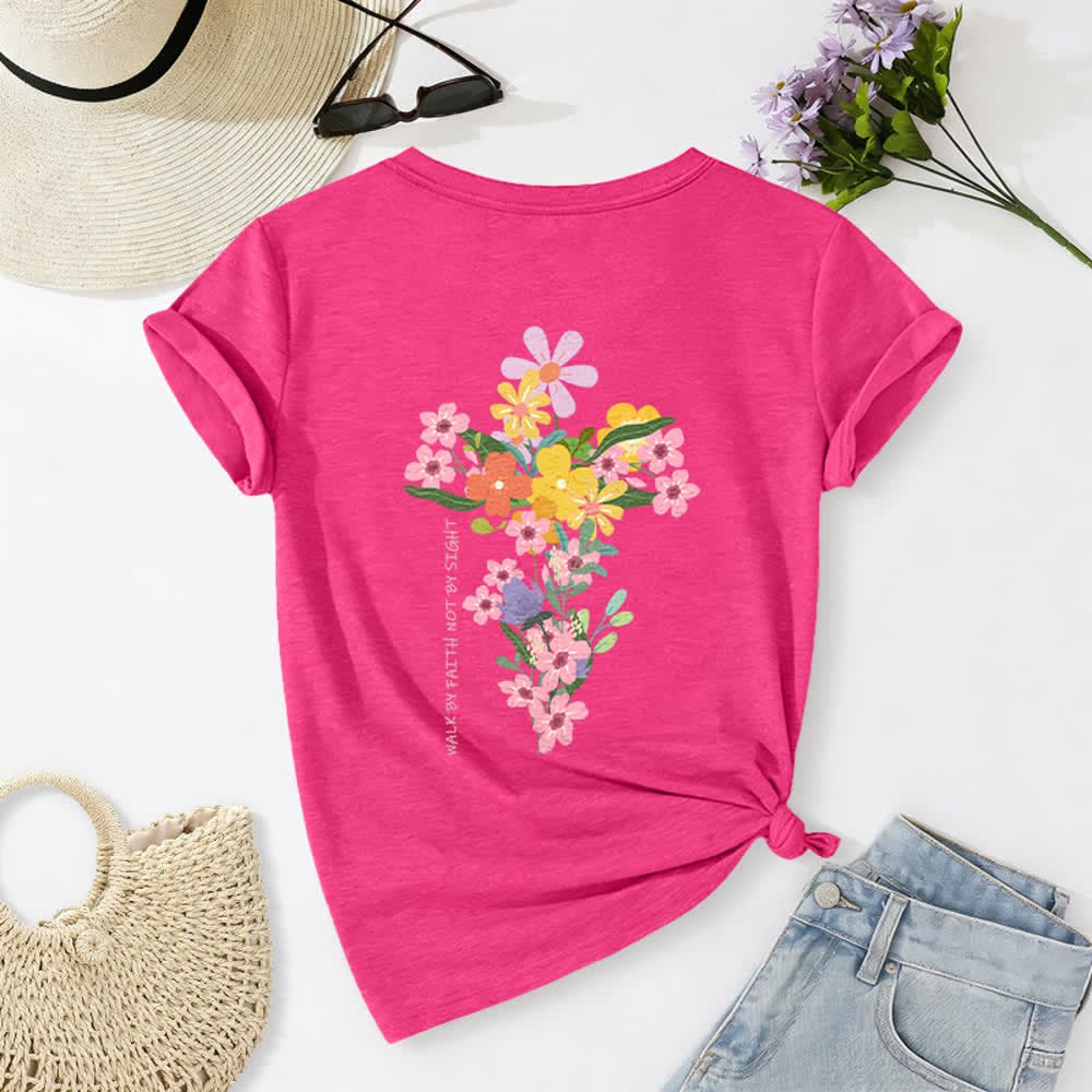 Christianartworkshop Dual-Side Jesus Is The Light Walk By Faith Not By Sight Floral Print Casual V-neck T-shirt - Rose - 2XL - image 44