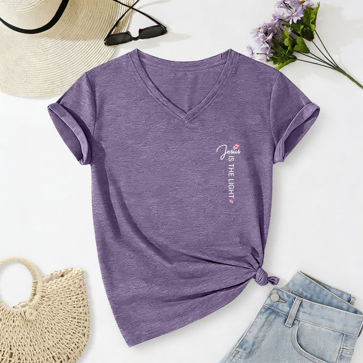 Christianartworkshop Dual-Side Jesus Is The Light Walk By Faith Not By Sight Floral Print Casual V-neck T-shirt - image 33