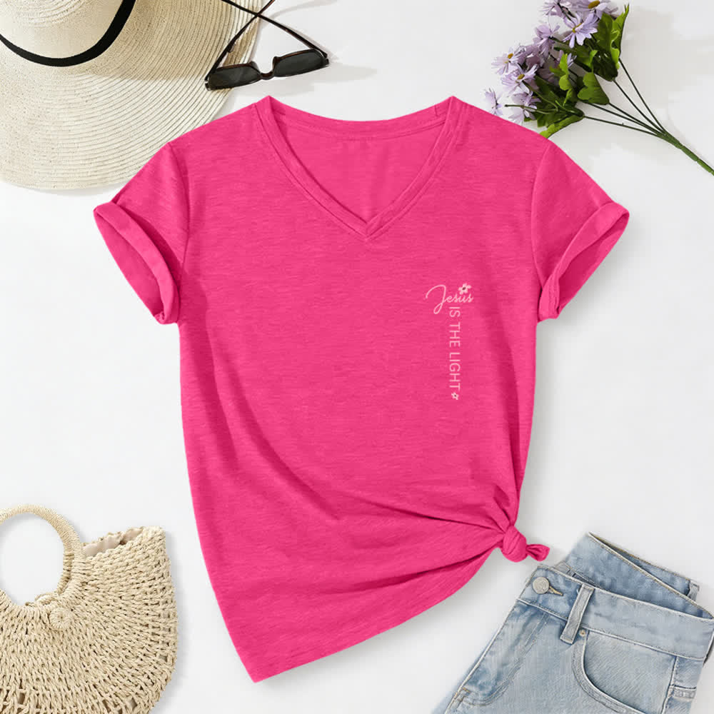 Christianartworkshop Dual-Side Jesus Is The Light Walk By Faith Not By Sight Floral Print Casual V-neck T-shirt - image 45