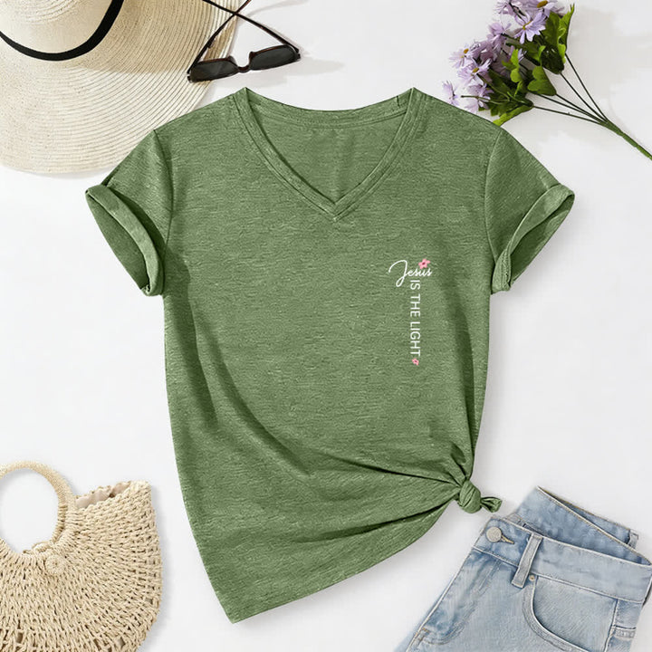 Christianartworkshop Dual-Side Jesus Is The Light Walk By Faith Not By Sight Floral Print Casual V-neck T-shirt - image 13