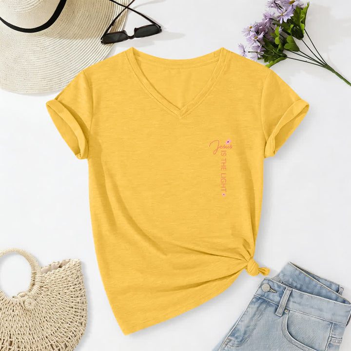 Christianartworkshop Dual-Side Jesus Is The Light Walk By Faith Not By Sight Floral Print Casual V-neck T-shirt - image 49