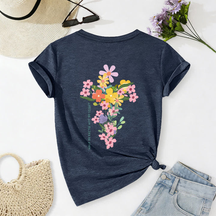 Christianartworkshop Dual-Side Jesus Is The Light Walk By Faith Not By Sight Floral Print Casual V-neck T-shirt - Navy Blue - 2XL - image 16