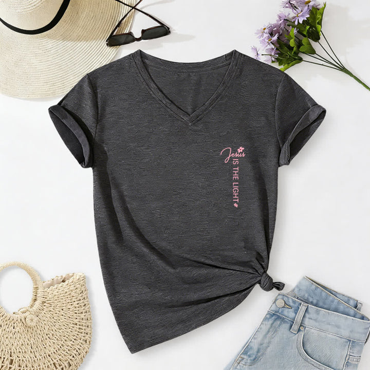 Christianartworkshop Dual-Side Jesus Is The Light Walk By Faith Not By Sight Floral Print Casual V-neck T-shirt - image 9