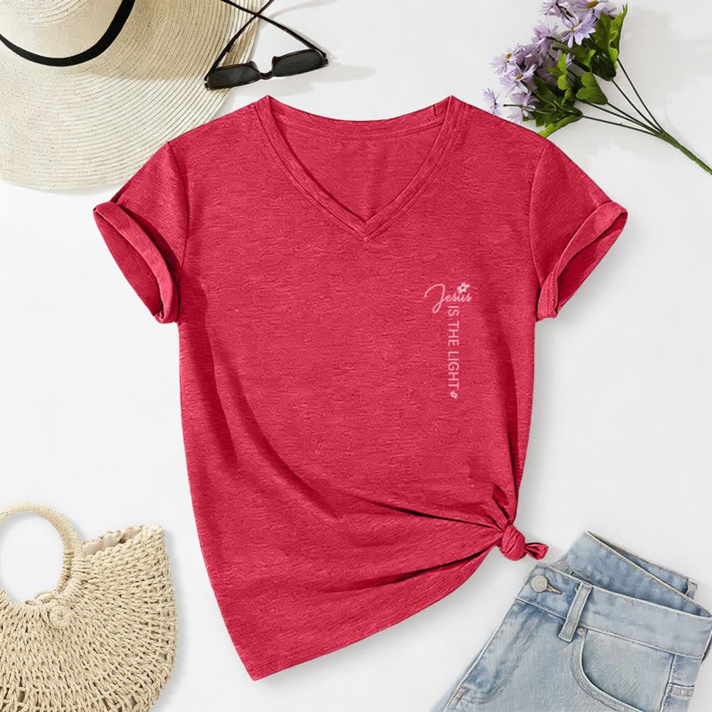 Christianartworkshop Dual-Side Jesus Is The Light Walk By Faith Not By Sight Floral Print Casual V-neck T-shirt - image 29