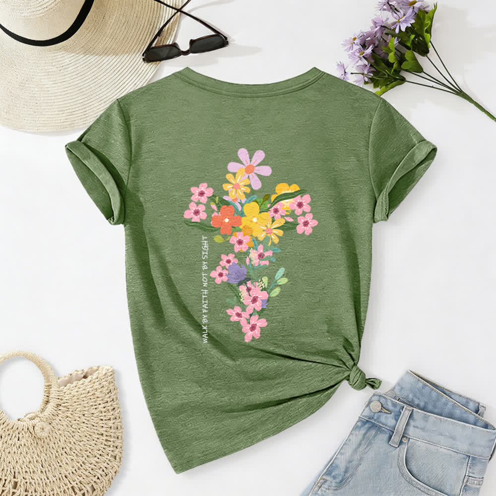 Christianartworkshop Dual-Side Jesus Is The Light Walk By Faith Not By Sight Floral Print Casual V-neck T-shirt - Dark Green - 2XL - image 12