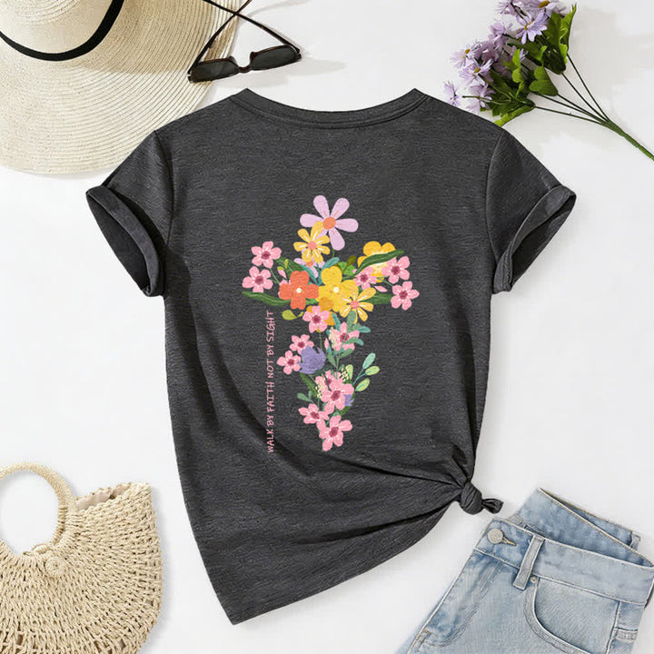 Christianartworkshop Dual-Side Jesus Is The Light Walk By Faith Not By Sight Floral Print Casual V-neck T-shirt - Dark Grey - 2XL - image 8