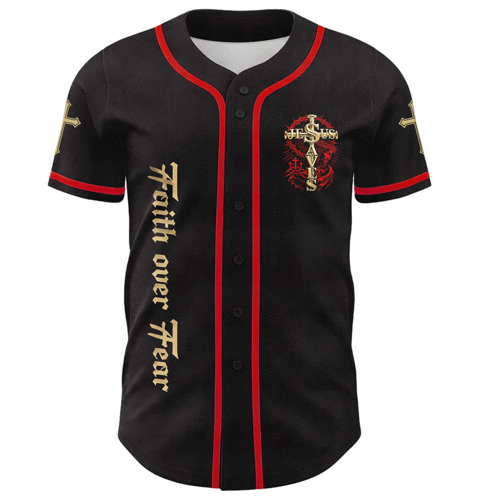 Christianartworkshop Faith Over Fear Jesus Saves Thorn Cross Unisex Baseball Jersey - image 5