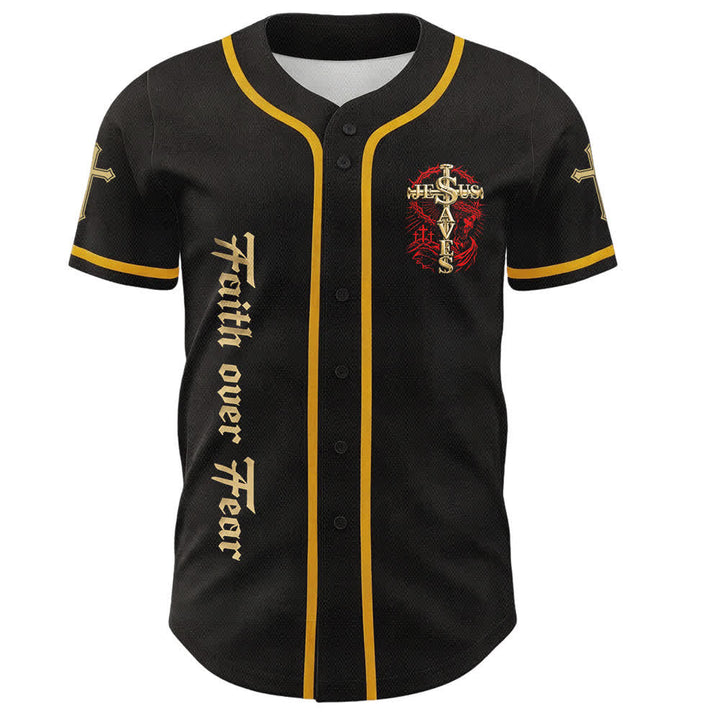 Christianartworkshop Faith Over Fear Jesus Saves Thorn Cross Unisex Baseball Jersey - image 2